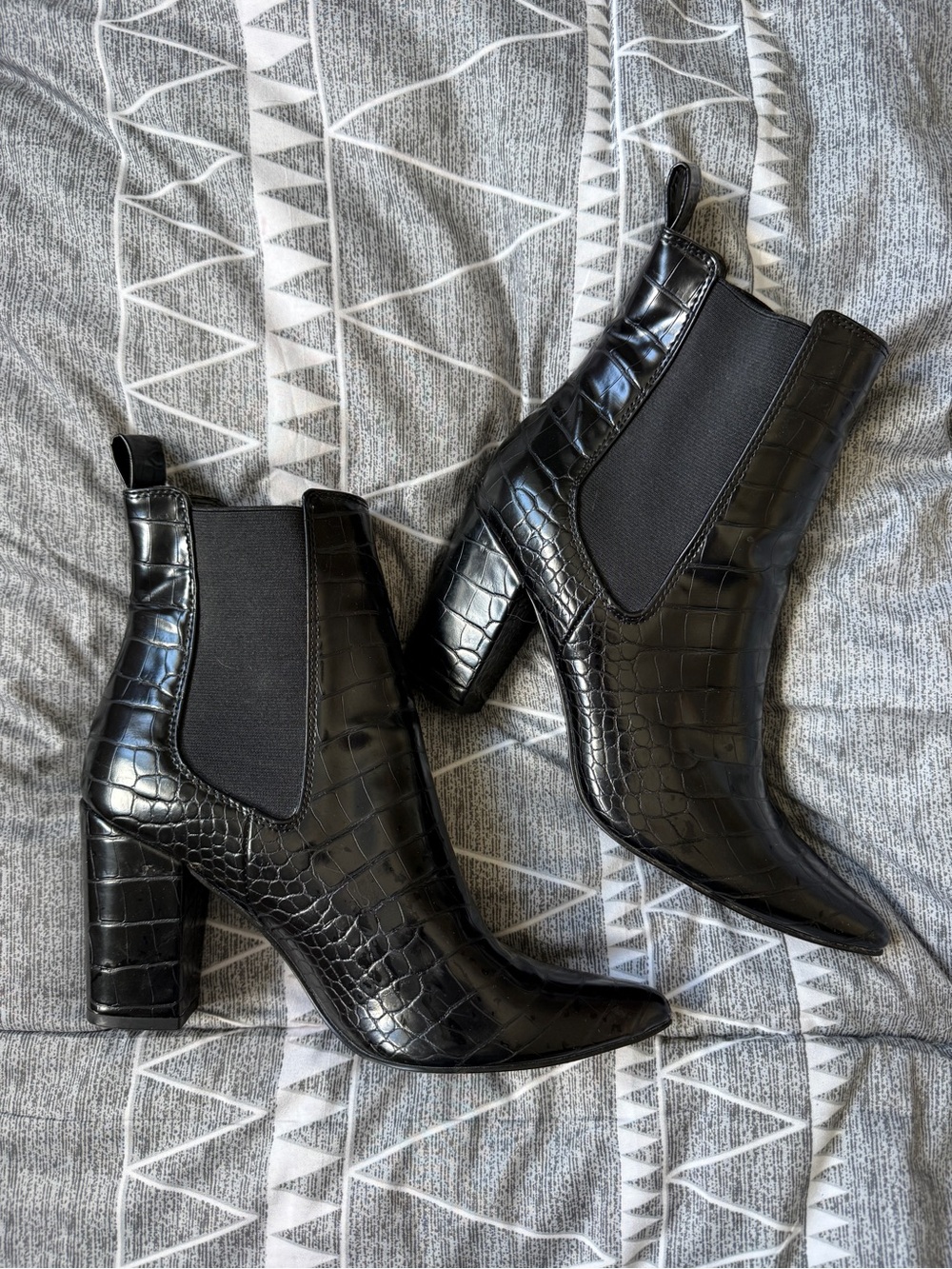 Steve Madden Black Croc-Embossed Chelsea Block Heel Booties